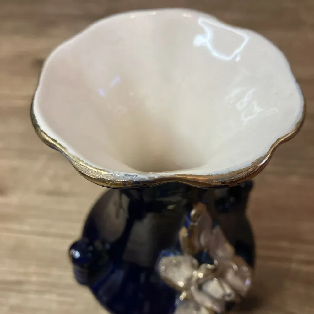 Vintage Cobalt Blue And Gold Bud Vase With Applied Gold Rose 6” Hand Painted